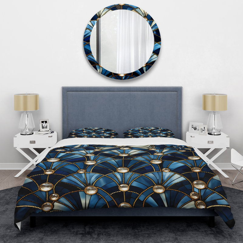 Ensemble de housse de couette Art Deco Blue Golden Tile Elegance 1 II - Abstract Geometric