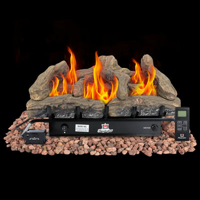 FLAMEPLACEFRONT 30" Ventless LP/Propane Fireplace Logs Set with Remote, 34,000 BTU, Fast Heating up to 1,300 Sq. Ft., Realistic Berkeley Oak Brown