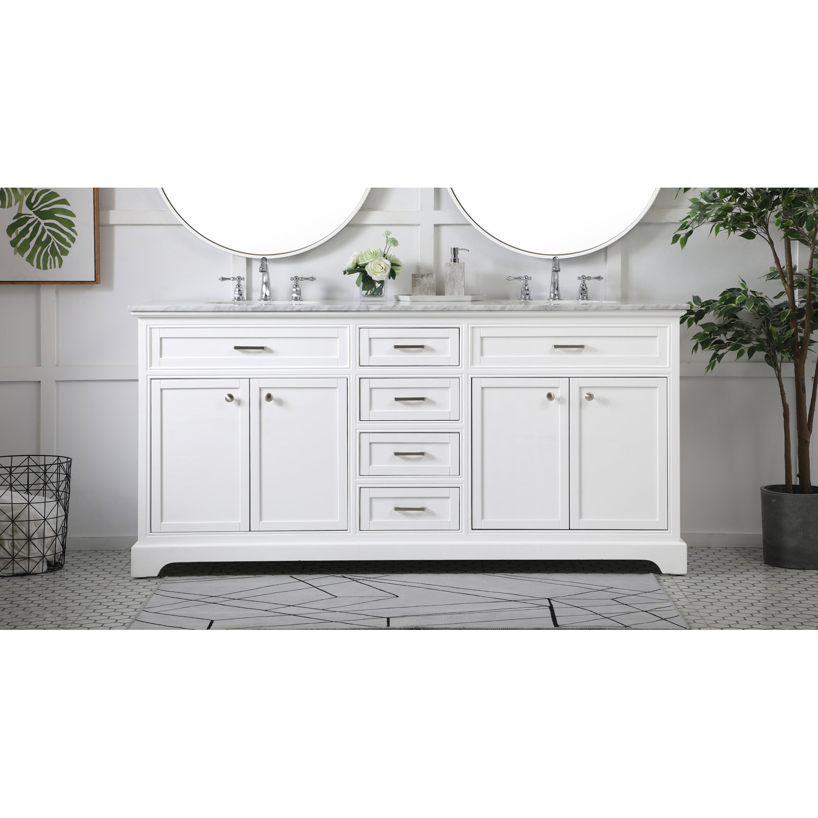Hermes 72'' Double Bathroom Vanity, White, Carrara White Gray
