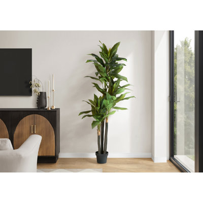 Arbre Dracaena artificiel R camion, 76 feuilles vertes réalistes, pot noir