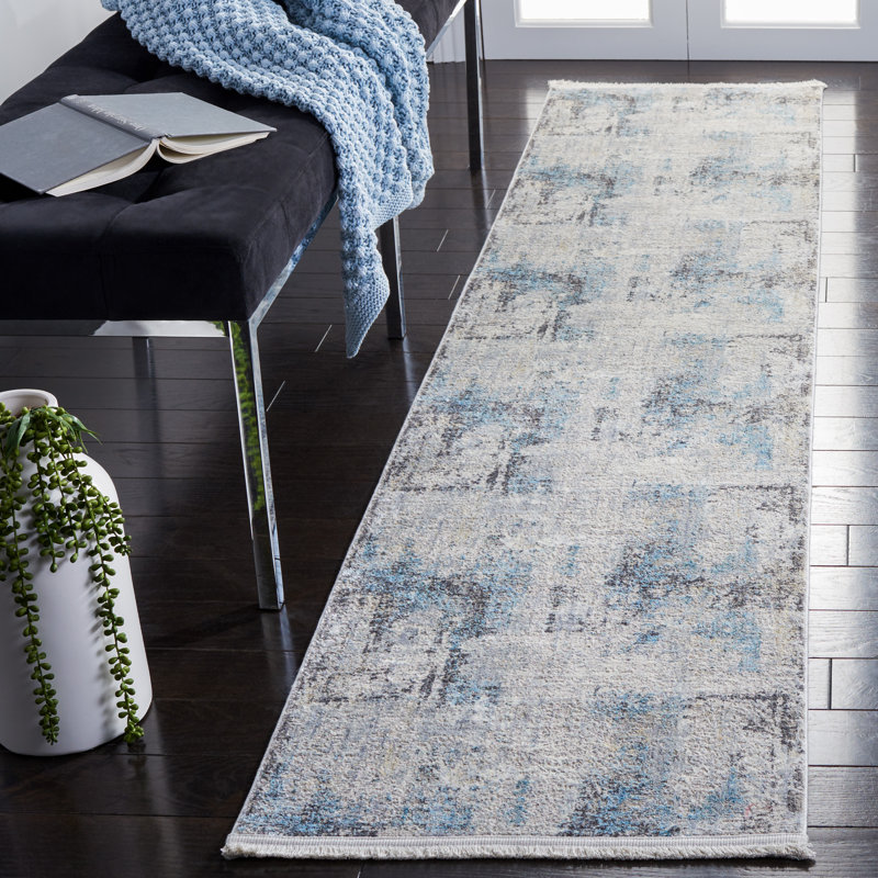 Tapis gris / bleu / ivoire tissé à la machine, Tapis de couloir 2 pi x 8 pi