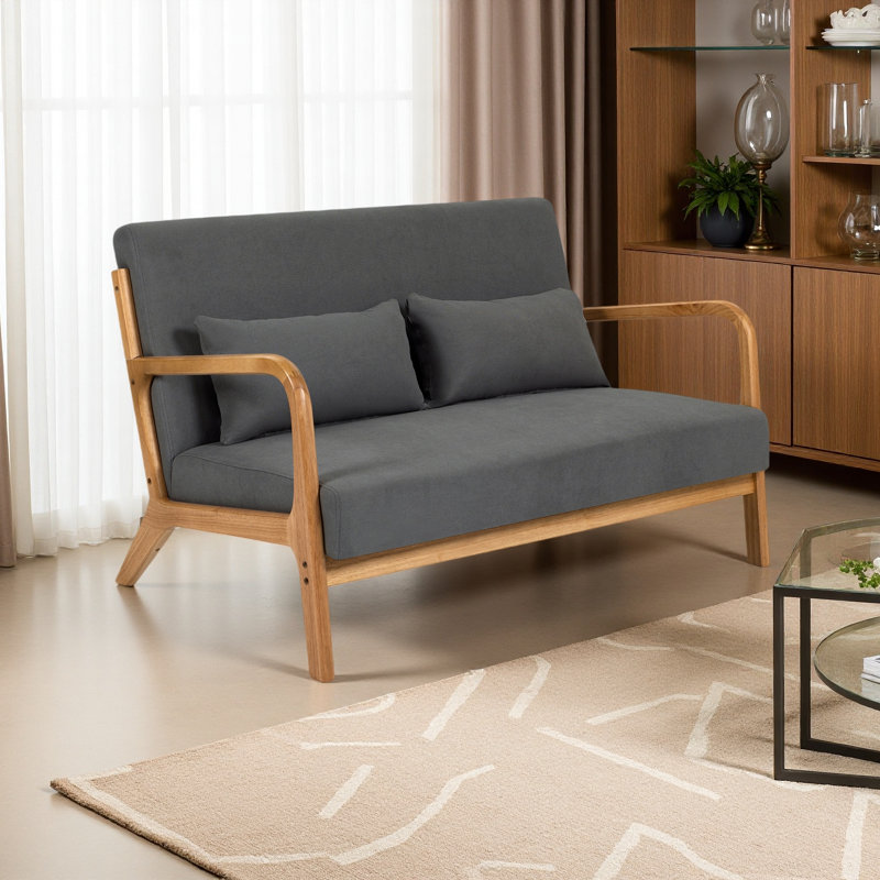 Fauteuil de loisir avec accoudoirs et pieds en bois massif, canapé d'appoint Mid-Century moderne, 2 places, Gris foncé