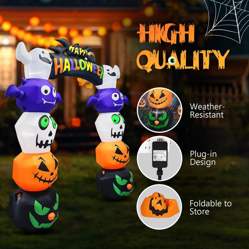Arcade gonflable lumineuse de 8,2 pi avec citrouilles empilées, personnages fantômes et chauves-souris, lumières DEL intégrées pour la cour extérieure et la fête - style horreur festive