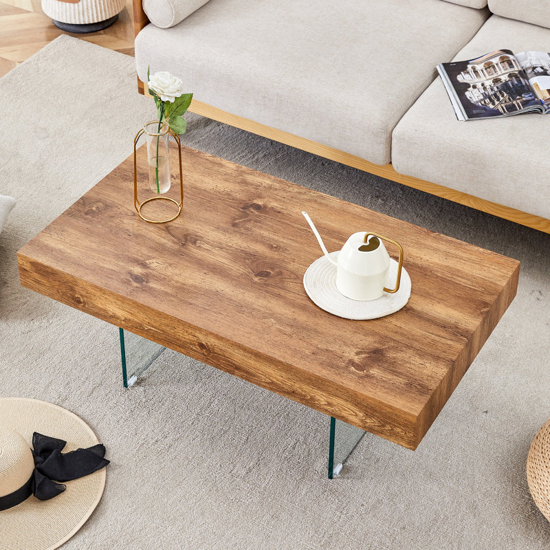 Table basse en MDF de style naturel - 39,3 po x 21,6 po avec pieds en verre trempé. Autocollant pour tableau de densité