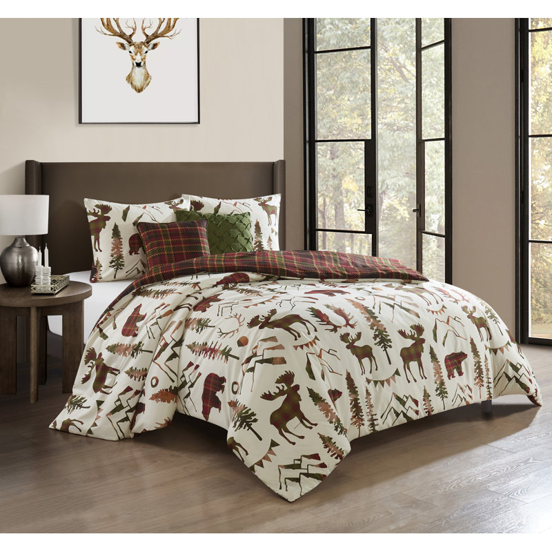  Ensemble d'édredon réversible en microfibre beige / vert / rouge 5 pièces, Édredon très grand, 2 taies décoratives et 2 co