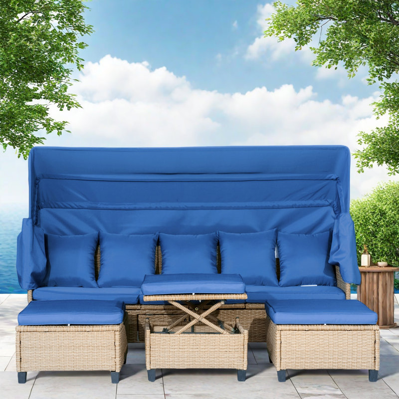 4 Pieces Uv-proof Resin Wicker Patio Sofa Set Included A 4-seat Sofa, 2 Ottomans, A Lifting Table, Retractable Canopy, Cushions And Adjustable Backrest