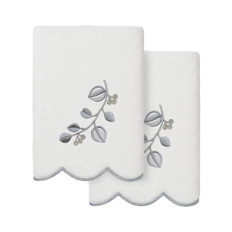  100% Turkish Cotton WILD BRANCH Scallop 2PC Embellished Hand Towel Set, White/Gray, Hand Towel - 2 Pack