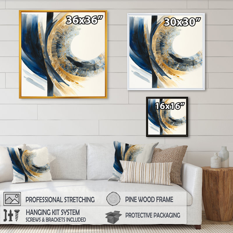 «Blue and Gold Swirl Abstract IV», impression sur toile, H 16 po x l 16 po x P 1 po, Cadre flottant noir