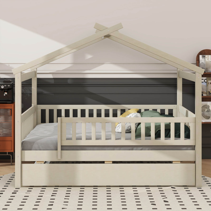 Lit double spacieux en bois avec lit gigogne intégré, Natural