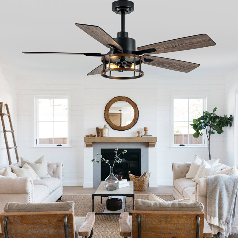 52"  Wooden Blades Caged Ceiling Fan with Light Kit and Remote, Farmhouse Ceiling Fan for Living Room