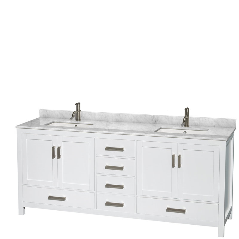 Sheffield 72" Double Bathroom Vanity Set with Mirror, White Carrara Marble, White, 80" W