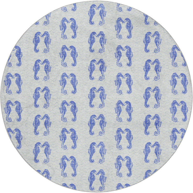 Premium Machine Washable Dream Shag ADS194 Seahorses Rug, Blue, 8' Round
