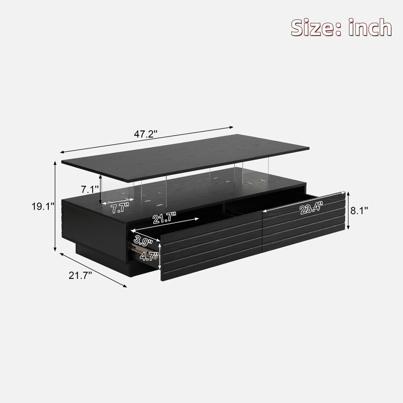 Modern Rectangular Coffee Table With Led Lights, 2 Drawers And Open Storage Shelf, Black