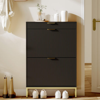 Fluted Shoe Storage Cabinet, Narrow Shoe Organizer With 2 Flip Drawers