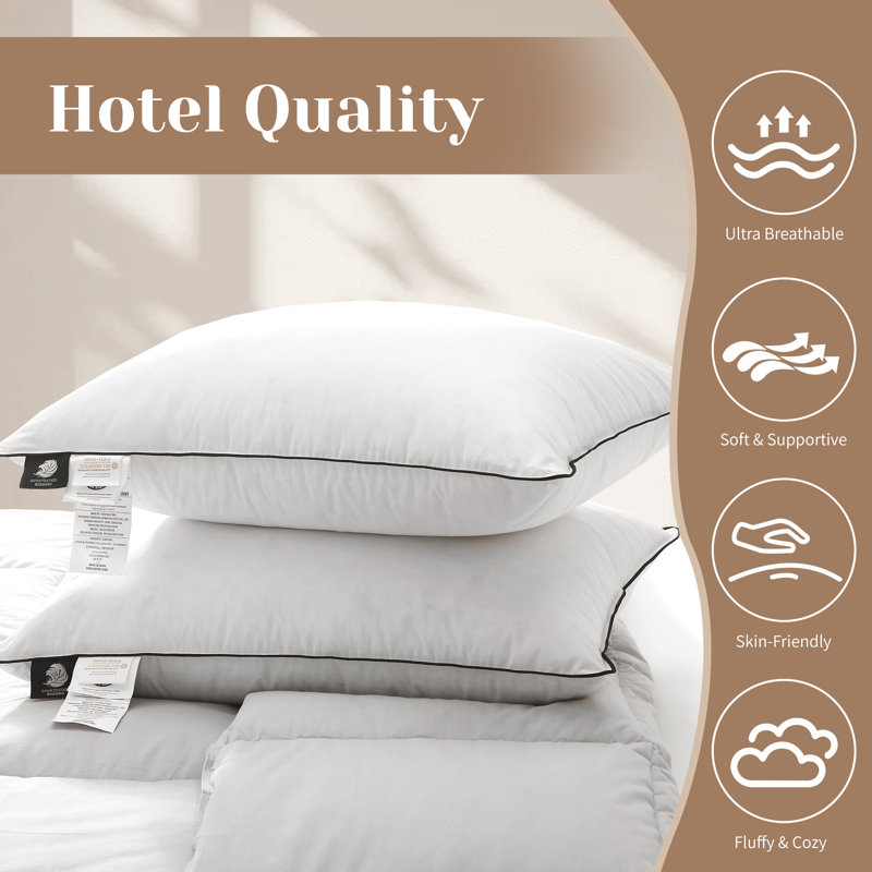  100% Organic Cotton Cover King Size Medium Support Feather Down Pillows (Set of 2), King