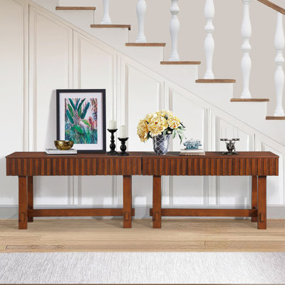 Console de 52 pouces avec tiroirs de rangement, console Mid-Century cannelée avec pieds en bois massif. Table d'entrée pour la télévision dans le salon, vestibule, cerisier