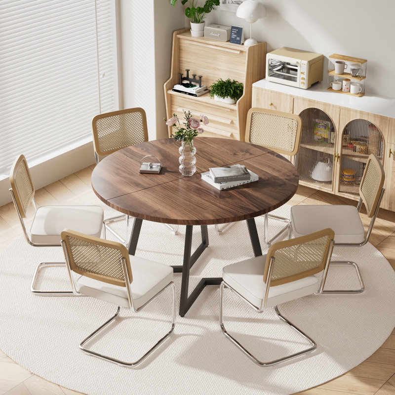 Ensemble de table de salle à manger Mid Century, Beige/Argenté, 7 pièces: table, 6 chaises, Noyer