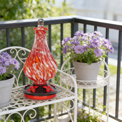 Hand Blown Glass Hummingbird Feeder With Ant Moat, 24Oz Capacity Outdoor Hanging Bird Feeder With 5 Feeding Ports, Rust-Resistant Base For Garden Decor And Bird Watching