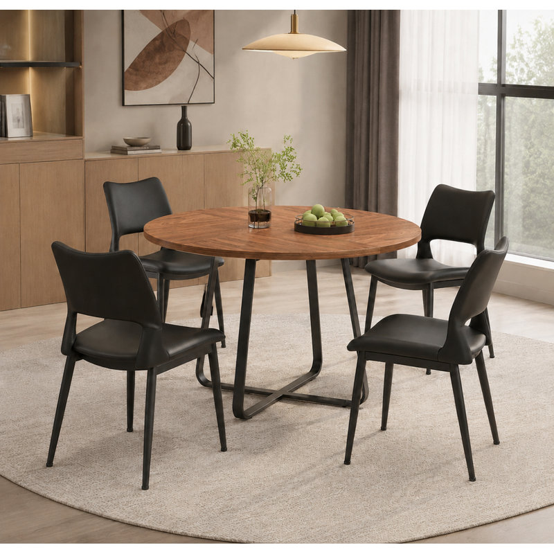 Table de salle à manger couleur noyer de 110 cm (43,3 pouces) avec croix en métal noir, 110 x 110 x 75,5 cm (43,31 x 43,31 x 29,72 pouces), métal, ensemble de 5, ensemble de table de salle à manger, noir