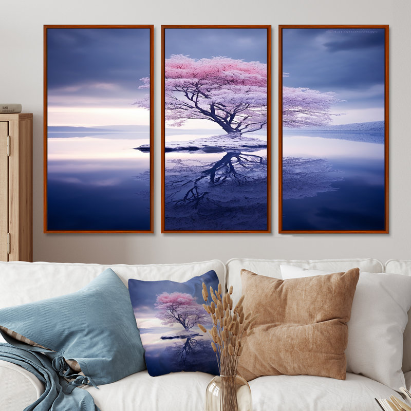 Ensemble de salon mural enneigé avec arbre en chêne rose, H 40 po x l 60 po x P 1 po, Cadre flottant brun