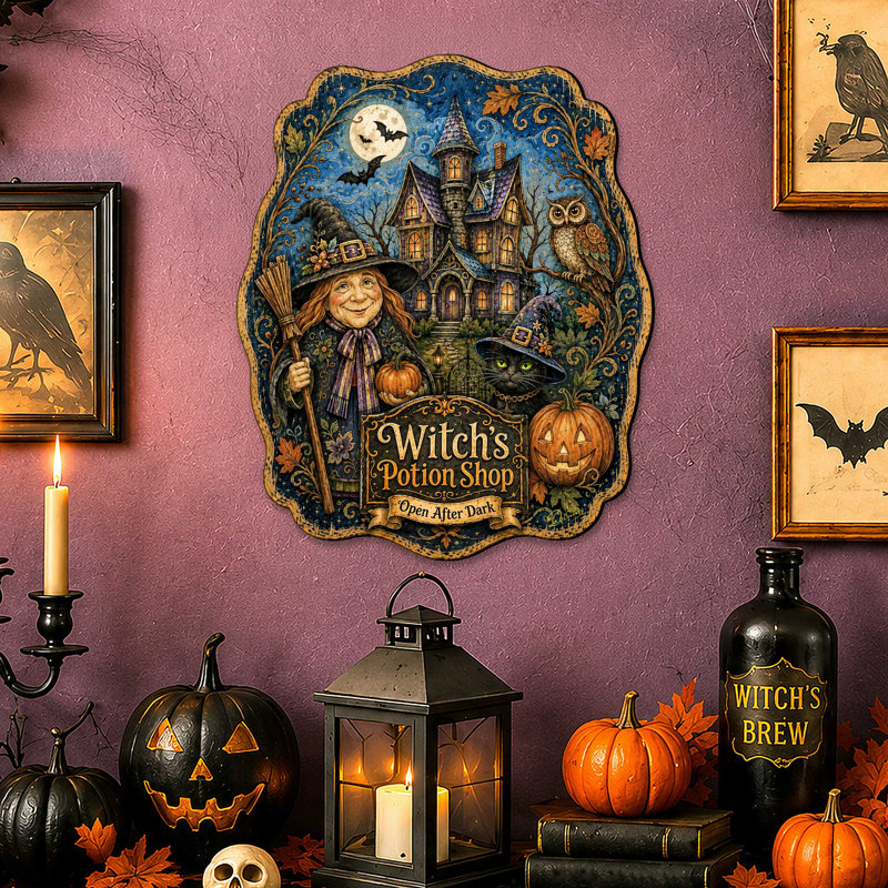 Décoration de porte en bois pour l'Halloween « Boutique de potions de sorcière » par G. Debrekht