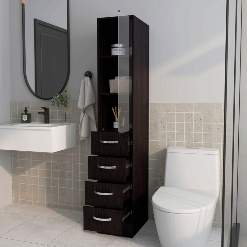 Armoire à linge 4 tiroirs avec porte vitrée