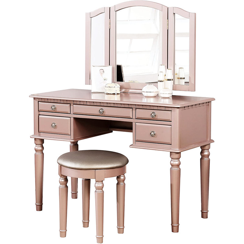 Rose Gold Bedroom Vanity With Foldable Mirror, Five Storage Drawers And A Padded Round Stool, Solid Wood Combination In Contemporary Gold, Birch Veneer Structure