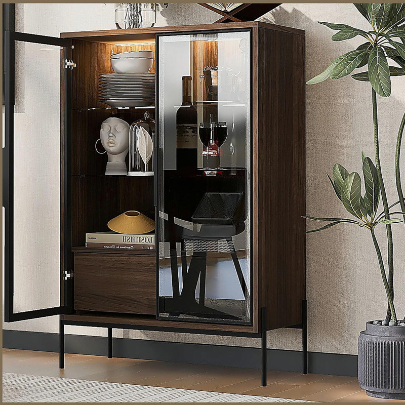 Vitrine de 51,2 po avec 2 tiroirs de rangement, garde-manger autoportant avec portes en verre et éclairage DEL, vitrine avec porte vitrée et tablettes réglables à 4 niveaux