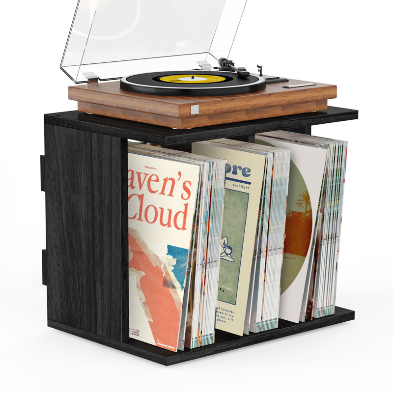 Record Player Stand, 3-compartment Record Holder With Vinyl Storage, Up To 80-100 Albums, Black, Black