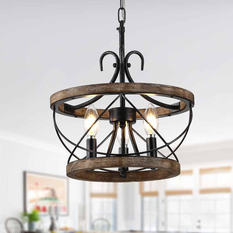 Lustre cage en bois massif 3 lumières avec accents en métal, H 14 po x l 13 po x P 13 po, Bois patiné, Trois lumières