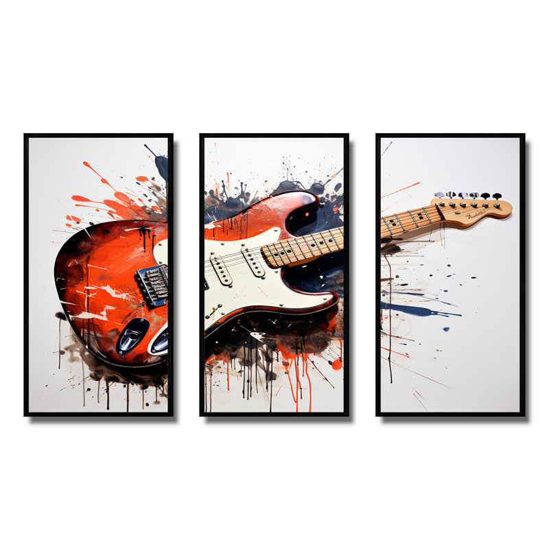 «Red Fluid Brown», guitare, art mural, H 28 po x l 36 po, Cadre flottant noir