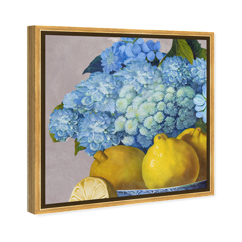 Hortensias et jour des citrons - Peinture, Encadrement doré, H 21,5 po x l 21,5 po