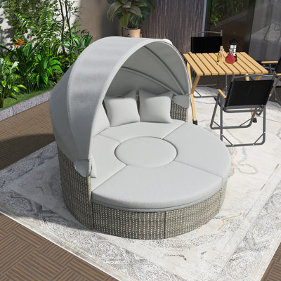 Lit de jour en rotin tissé à deux tons, ensemble de canapé modulaire pour l'extérieur, avec table réglable, auvent rétractable, siège séparé et coussin amovible, durabilité toutes saisons, facile à installer