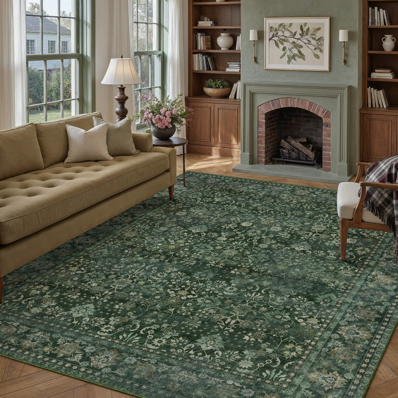 Tapis oriental lavable à la machine avec envers antidérapant Kitty, Vert, Rectangle 9 pi x 12 pi