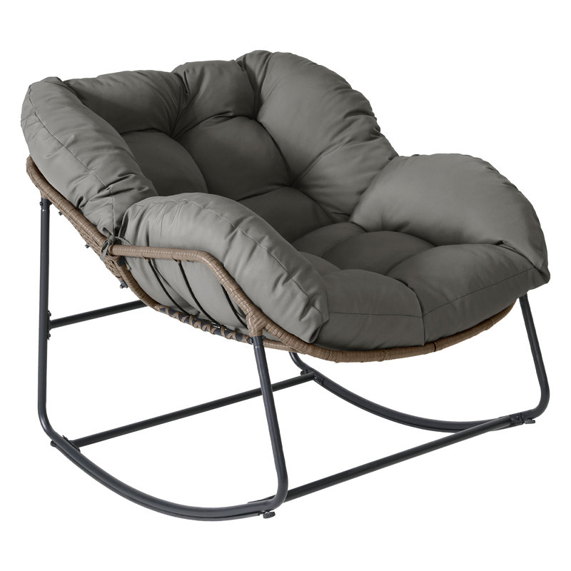 Chaise berçante toutes saisons avec rotin en osier, Coussin gris / cadre brun
