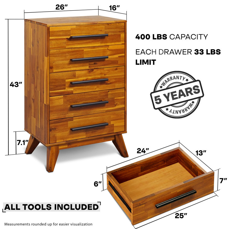 Acacia  Solid Wood Dresser with 5 Drawers Chest of Drawers, Caramel