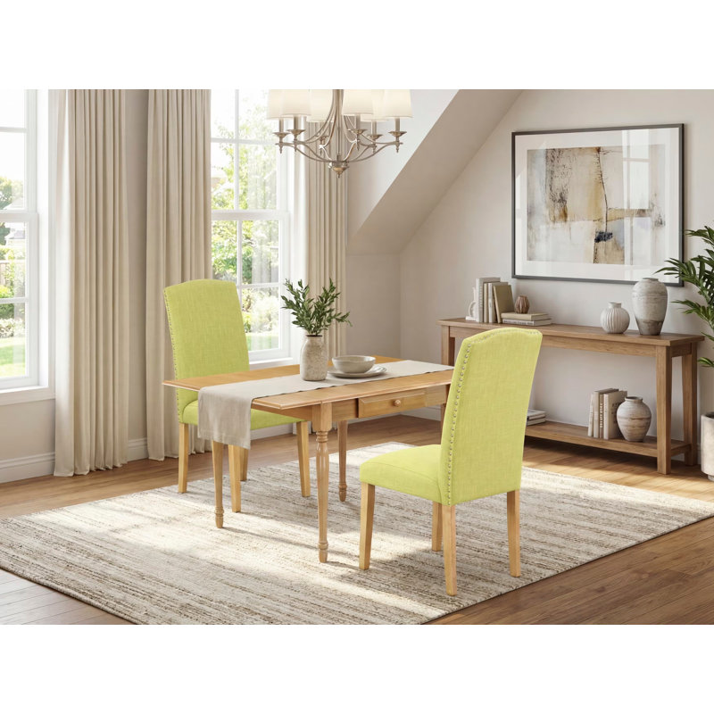 L'ensemble de table de salle à manger 3 pièces contient une table de salle à manger rectangulaire avec Dropleaf et 2 chaises rembourrées en lin Limelight, chêne