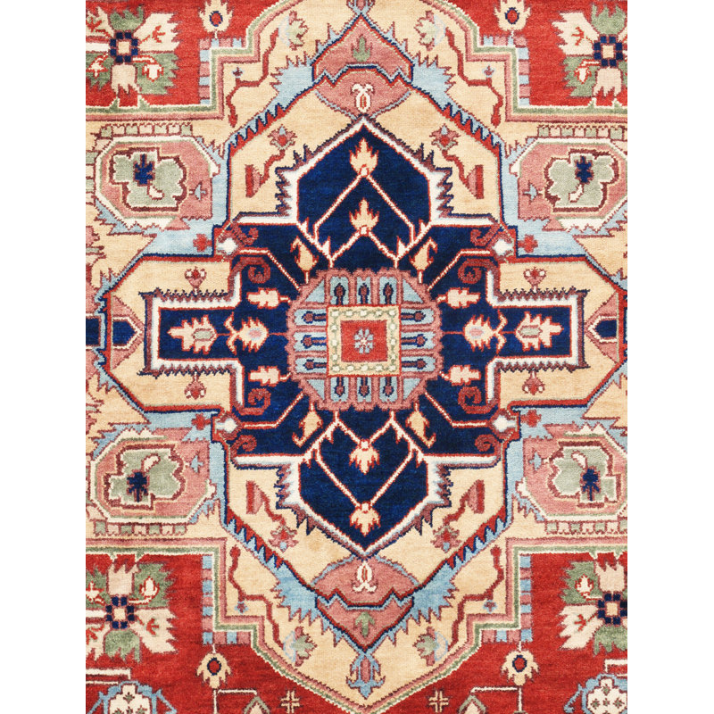 Serapi Hand Knotted Wool Oriental Area Rug, Rectangle 9' x 12', Red/Navy/Cream