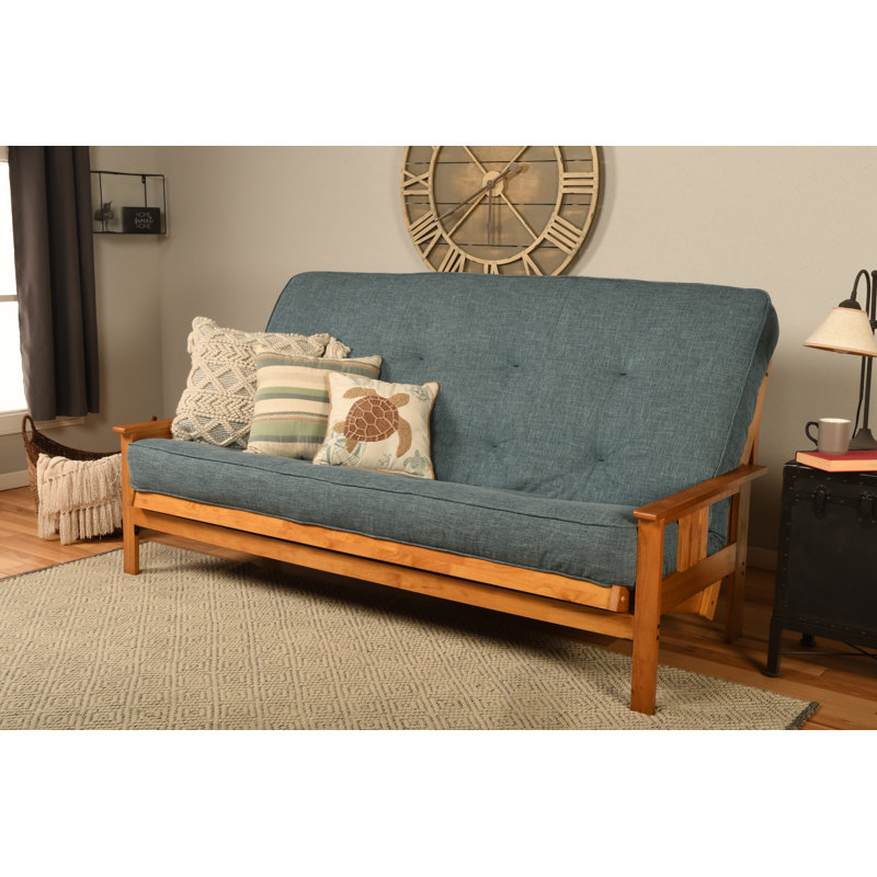 Johnte Queen 86" Futon Frame and Mattress, Butternut, Linen Aqua
