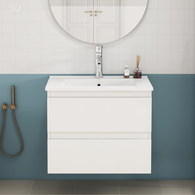 Meuble-lavabo de 24 po avec lavabo, deux grands tiroirs, système de fermeture en douceur, conception sans poignée, assemblage facile, finition blanc brillant