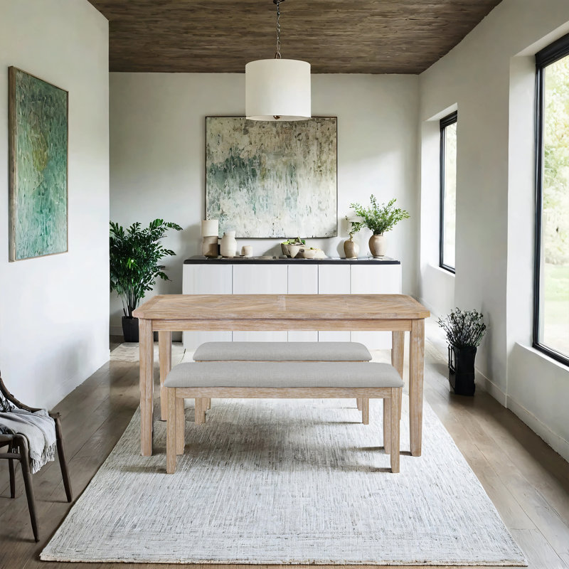 Ensemble de salle à manger 3 pièces en bois massif avec 2 bancs, Gris / brun, Brun, Brun