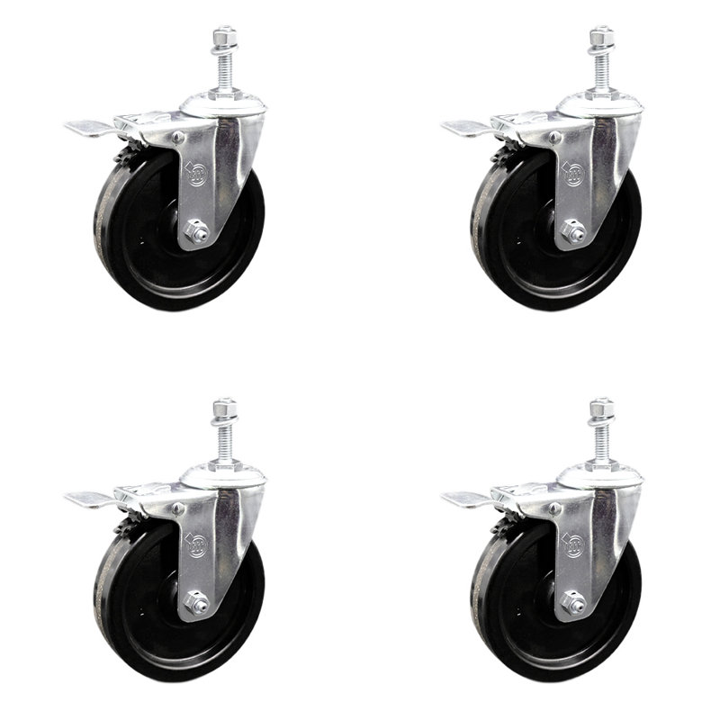 Ensemble de roulettes à tige filetée pivotante 5 pouces 5 mm avec frein Total Lock