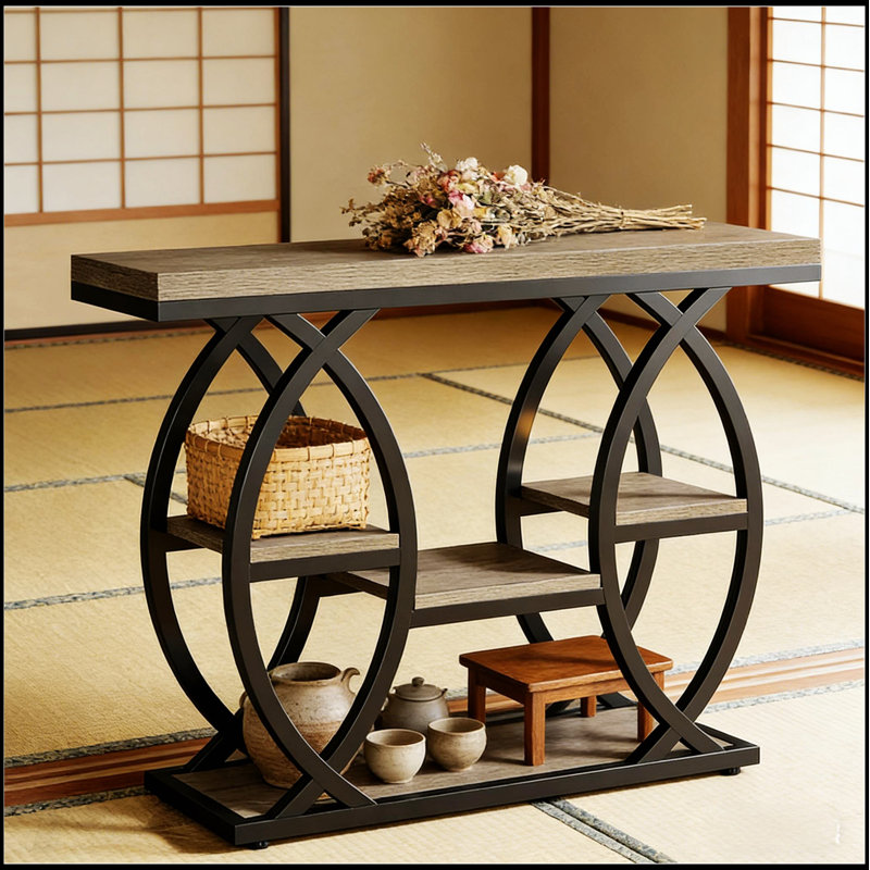 Table d'entrée stable à 4 niveaux avec plateau rustique, parfaite pour un décor moderne et classique