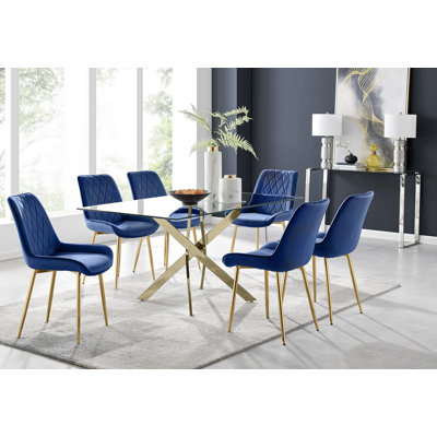 Lenworth Modern Gold Metal and Glass Dining Table Set with 6 Luxury Velvet Dining Chairs