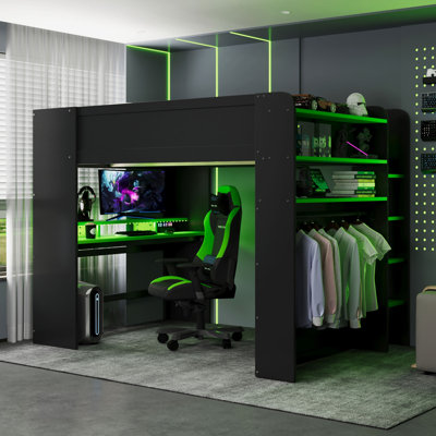 Lit superposé double en bois avec bureau, garde-robe, rangement, lumière RVB, port USB, lit mezzanine Gamer, vert