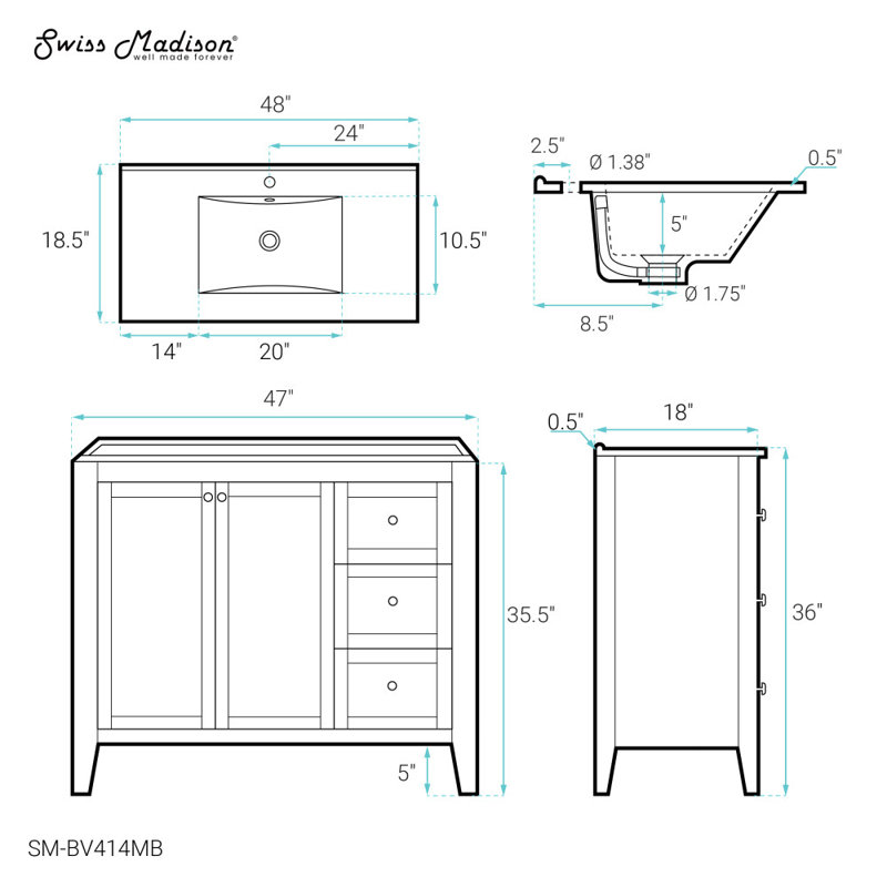 Meuble-lavabo blanc 48 po avec plateau en céramique noir Swiss Madison Cannes, Évier noir, 1 trou