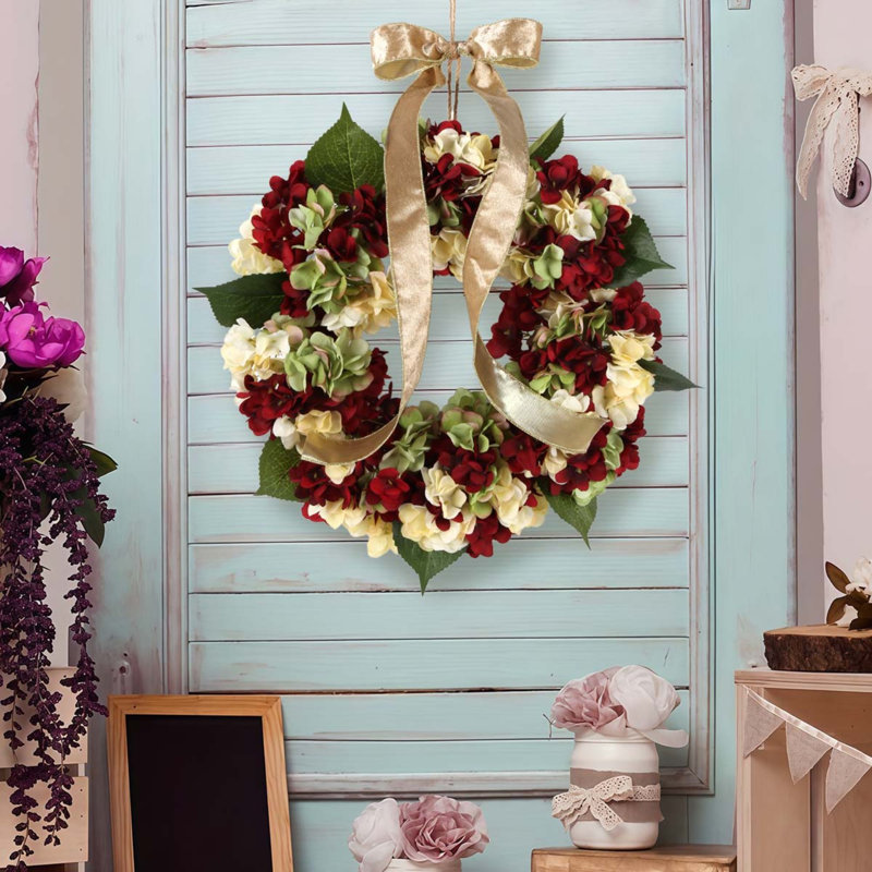 40cm Thanksgiving Wreath Fall Hydrangea Bowknot Decoration Flower Garland Wreath Thanksgiving Front Door Home Decor, Red