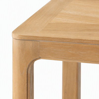 Table de salle à manger rectangulaire avec dessus de style parquet, coins arrondis, pieds galbés et pieds ajustables