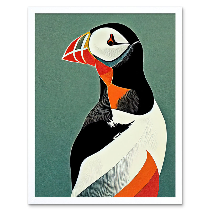 Bright Colourful Atlantic Puffin Bird - Print, White Framed Paper, 25.9cm H x 20.6cm W