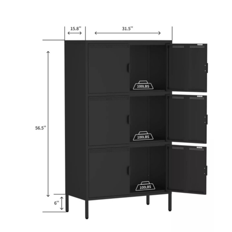 56,5 po H Armoire de rangement en métal avec 6 portes (noir)